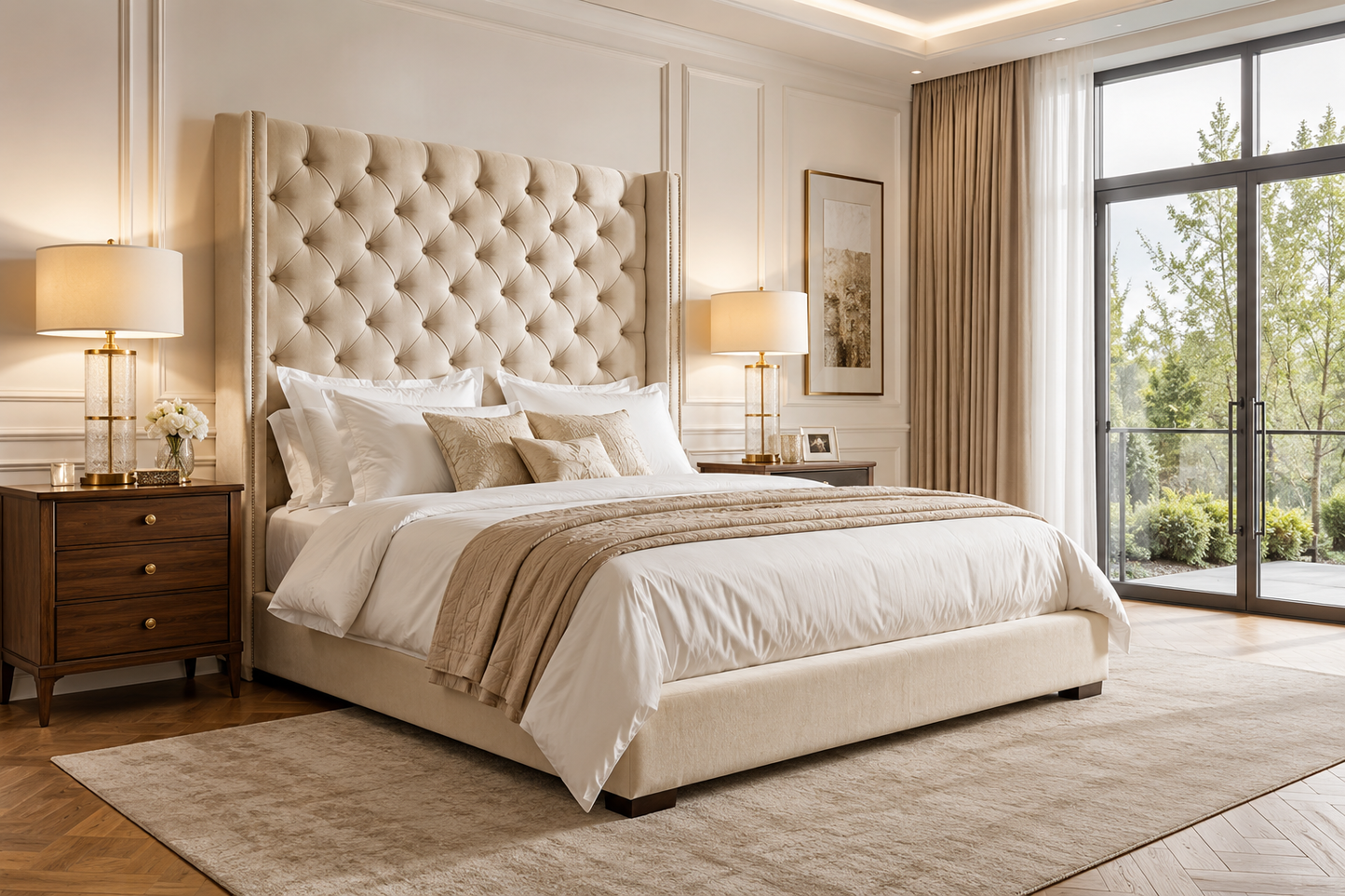 Luxury Cream Velvet Upholstered King Size Bed Frame | Diamond Tufted Wingback Headboard | Premium Ottoman Storage Bed | Modern UK Bedroom Furniture