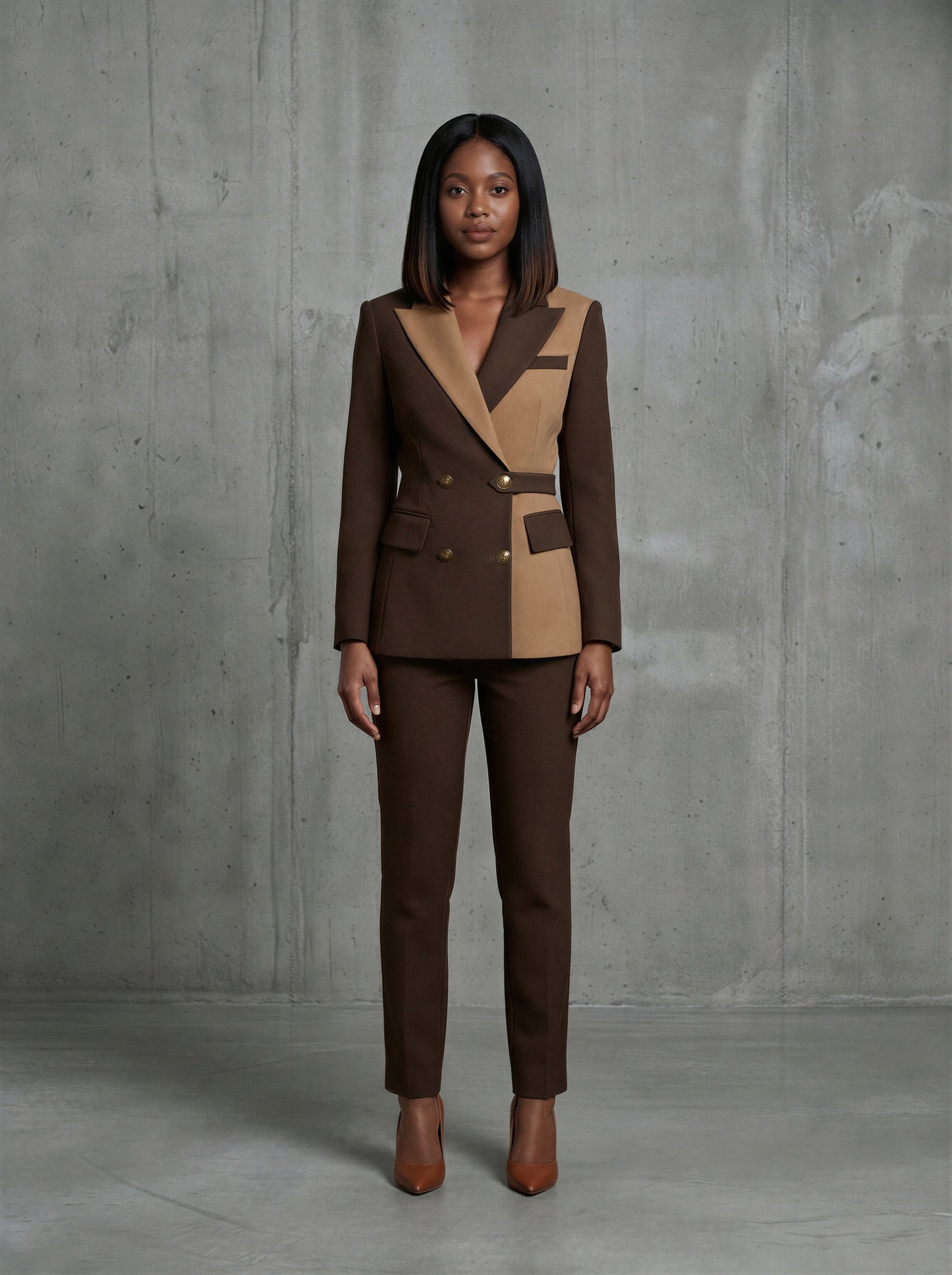 Brown double breasted two-tone belted pantsuit (UK size 6)