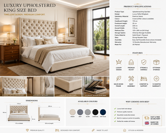 Luxury Cream Velvet Upholstered King Size Bed Frame | Diamond Tufted Wingback Headboard | Premium Ottoman Storage Bed | Modern UK Bedroom Furniture