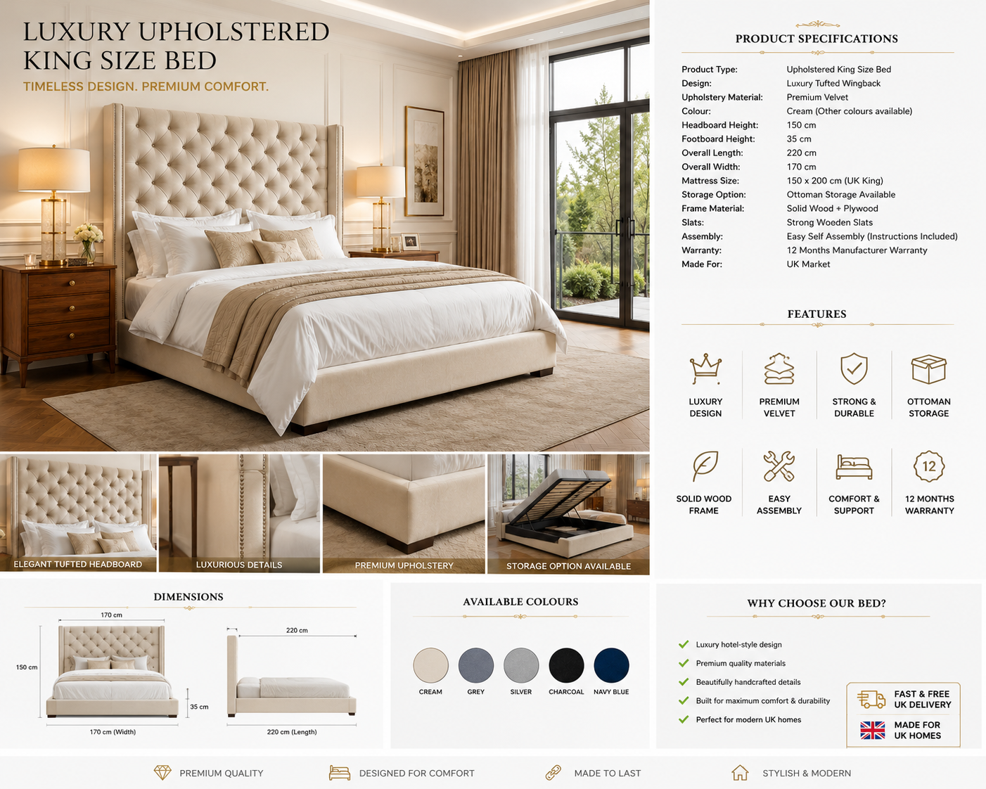 Luxury Cream Velvet Upholstered King Size Bed Frame | Diamond Tufted Wingback Headboard | Premium Ottoman Storage Bed | Modern UK Bedroom Furniture
